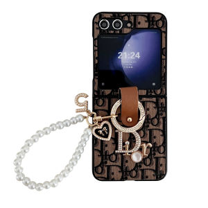 Luxury Korean Pearl Inlaid Case Samsung Z Flip 6 Z Flip 5 Z Flip 4 Flip 3 with Diamonds Wrist Strap Bracket Simple PU Leather Casing Samsung Galaxy Z Flip 5 Shockproof Back Cover