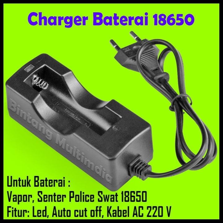 Charger Baterai 18650 1 Slot 1A dg Kabel AC 220V Cas Baterei Senter Police Swat Battery Batrei Batre