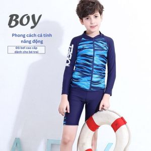 Đồ bơi cho bé trai size đại dài tay quần lửng dây khóa kéo phía trước chống nắng chống UV hiệu Yobel (tặng kèm nón bơi)