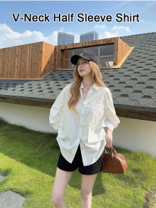 White Vintage-style V-neck Mid-sleeve Shirt Korean Style Versatile Look Sophisticated Slimming Trendy Top