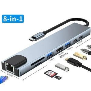 8 in 1 type C Hub Dongle with Ethernet HDMI 4K 2 USB USB C Data Ports 87W PD TF/SD Card Slot USB C Multiport Adapter