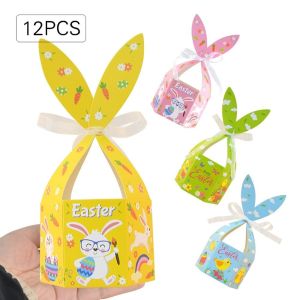 YUDESHUI 12PCS Giấy Hộp quà Phục Sinh Dây ruy băng tay cầm Nhiều màu sắc Giỏ kẹo tai thỏ Sáng tạo Mẫu hoạt hình Hộp đóng gói Lễ kỷ niệm Phục sinh