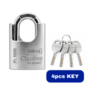 Claszkey PL-1600 Anti-Cut Padlock | Solid Brass Body | Hardened Steel Shackle | Heavy Duty High Security Lock | Gate Door Warehouse
