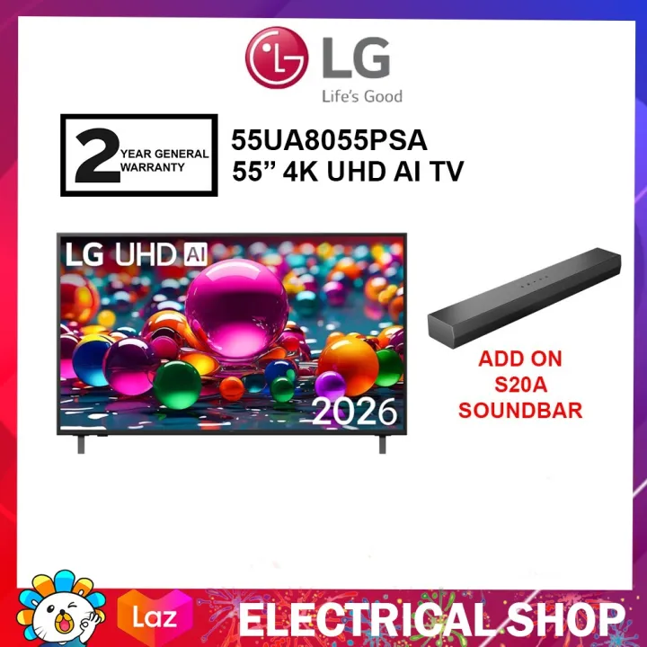 LG 55'' 4K 55UA8055PSA UHD AI TV UA80 HDR10 (2026) Television + (ADD ON) Soundbar S20A 2.0ch sound bar