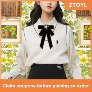 【ZTOYL】 Vải Màu Đen Bow Trâm Cài Cho Phụ Nữ Đại Học Phong Cách Cổ Áo Hoa Ve Áo Pins Pha Lê Cà Vạt Thời Trang Đồ Trang Sức Quà Tặng