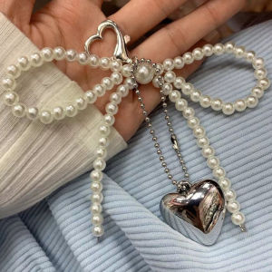 Heart Shape Bow Pearl Mobile Phone Pendant Chain Bag Keychain