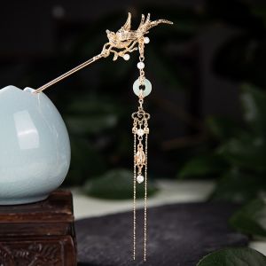 Trâm cài tóc kim loại vòng ngọc xanh tua rua cài tóc cổ trang ngọc phối dây tua