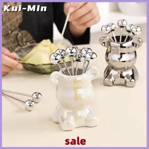 Kui-Min 6pcs Stainless Steel Dessert Forks With Storage Jar Cute Bear Utensils For Party Tasting Dessert Fruit Pickle Fruit Salad