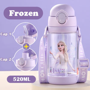 520ml Dual Cap Water Bottle Dual Caps with strap and straw BPA Free Cartoon drink bottle for kids school essentials
