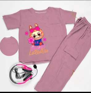 Baju setelan celana anak perempuan gambar Labubu lucu terbaru bahan cringkel airflow premium untuk anak usia 3-12 tahun