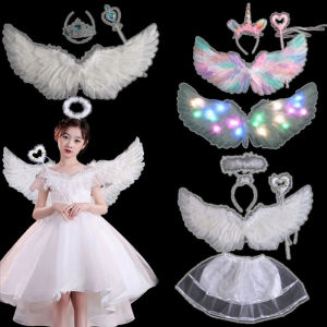 Angel Wings for Kids Girls Birthday White Feather Cosplay Costume Set Fairy Wing Dress Wand Headwear