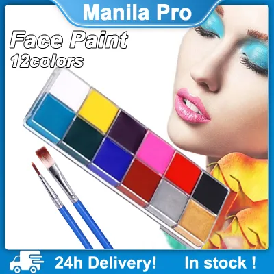 Face Body Paint Set 12 Colors Professional Makeup Palette Safe Facepaint for Halloween Cosplay with 2 Brushes Face Palette Body Paint Make Up Oil Painting Art Halloween Party Fancy Waterproof for Kids and Adult