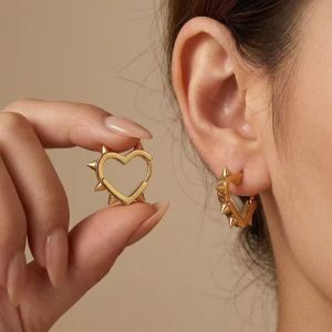 GORGE Silver Color Heart Hoop Earrings Stainless Steel Geometric Design Rivet Earrings Creative Heart Shape Stud Earrings For Women