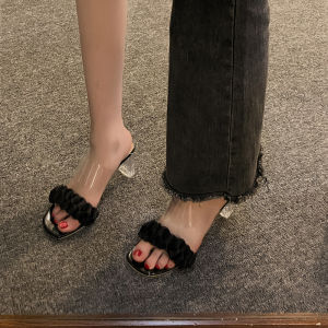 [Free Shipping] Transparent high-heeled sandals for women 2025 summer new niche square-toed one-strap crystal chunky heel sandals