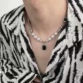 huiheyu necklace for men aesthetic stainless steel necklace kwintas pang lalaki Geometric Hip Hop Cold Wind Style Party Black Gem Pendant Gift Female Choker Korean Style Necklace Pearl Necklace Clavicle Chain. 