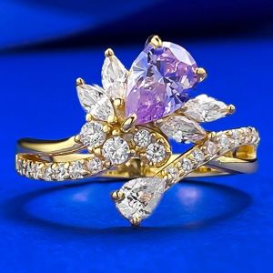 Wong Rain 925 Sterling Silver Pear Cut 5*7 MM Amethyst High Carbon Diamond Gemstone Wedding Party Rings Fine Jewelry Wholesale