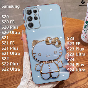 For Samsung S20 S20 FE S20 Plus S20 Ultra S21 S21 FE S21 Plus S21 Ultra S22 S22Plus S22 Ultra S23 S23 FE S23 Plus S23 Ultra S24 S24 Plus S24 UltraDeluxe Electroplated Soft Silicone Phone Case Fashion Cute KT Cat Makeup Mirror Holder Phone Cover