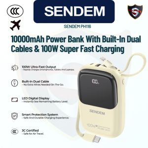 Sendem PH116 10000mAh Power Bank | 22.5W PD QC Fast Charging | Dual Built-in Cable | LED Display | 3C Certified Safe Portable Charger