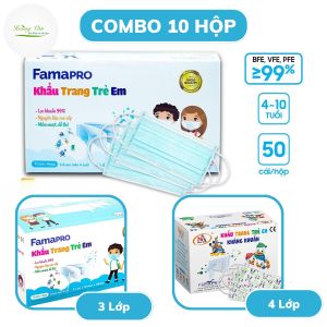 Combo x 10 Hộp 50 cái khẩu trang trẻ em kháng khuẩn Famapro