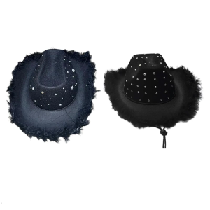Feathered Trim Western Hat with Rhinestones Studded for Music Festival Cosplay Costume Headwear Carnivals Party Accessory
