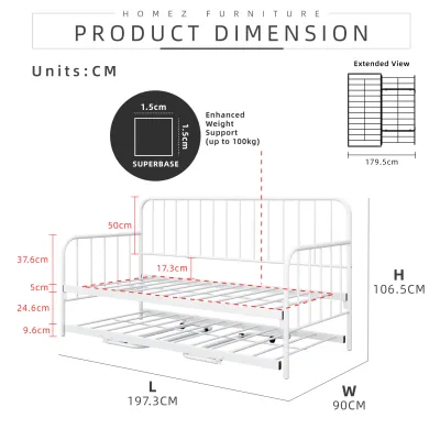 KitchenZ 6.4/6.7FT Day Bed/Pull Out Trundle/Pop up Bed Frame Katil Besi Powder Coat Metal/Linen Fabric - 0045/0055