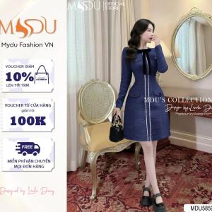Váy Thiết Kế MDU5859 Dạ Tweed Kim Sa Cao Cấp Gam Xanh Than Trẻ Trung Phối Nơ Nhung Và Dây Ngọc Tinh Tế Từ MDU