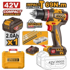 INGCO 42V BL COMPACT IMPACT DRILL 69NM 1X2.0AH & CASE CIDLI426981