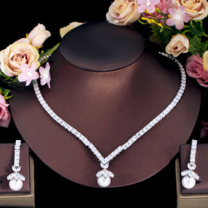 Sequito Top Grade vàng trắng Màu Sắc Cô Dâu Ngọc Trai Mặt Dây chuyền vòng cổ khuyên tai treo Bộ Marquise Cắt Sáng Bóng AAA Zircon lập phương Vuông Đá Phụ Nữ Bộ trang sức đám cưới Sj380