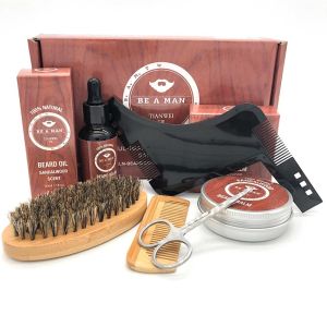 6pcs Grooming Care Kit Boar Bristle Brush Beard Beard Oil Wax Guide Comb Sciss for Men Mustache