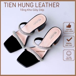 Sandal cao gót hai quai đính đá dép guốc gót vuông cao 5cm thời trang Tiến Hùng TH1007