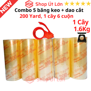 Combo 5 cây băng keo trong đục 200yard kèm dao cắt 1 cây 1.6kg lõi giấy 5mm chiều rộng cuộn 47cm 1 cây có 6 cuộn