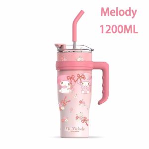 1200ml Sanrio Thermos Bottle Cold Ice Cute Hello Kitty Kuromi Cinnamoroll Melody Stainless Steel Water Bottle Tumbler Straw Gift