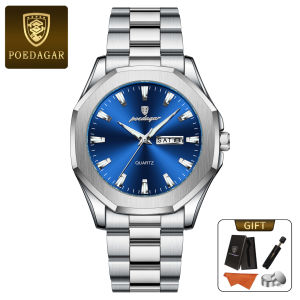 POEDAGAR authentic mens watch stainless steel strap luminous calendar waterproof 875