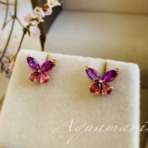 ต่างหูสตั๊ดดีไซน์ผีเสื้อ พลอยอเมทิสต์และพิ้งค์ทัวร์มาลิน