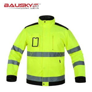 Mens High Visibility Reflective Outdoor Work Jacket Hi-Vis Lime Green Fluorescent Yellow Safety Jacket for Construction Cycling Motorbiking