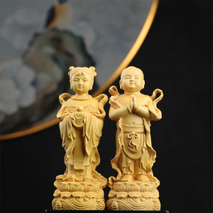 Mythology Boy and Girl - Golden Boy and Jade Girl Statues Exquisite Wood Carving for Home Decoration Feng Shui Wooden Buddha Statues Handcrafted Wooden Child Figures Symbolizing Blessings Prosperity and Harmony Perfect Handmade Craft