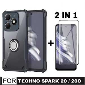 Promo Paket 2 in 1 Case Armor Fusion Shockproof Transparent Tecno Spark 20 / 20C 2023 Free Holder Ring + Anti Gores Layar Tepi Hitam