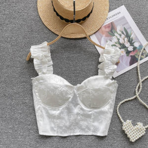 Phụ nóng ngọt no ăn được Cây Nấm camis dễ thương mercerized cotton in giản dị Crop Top Vai rộng trở lại ren-up Trắng Tank Tops