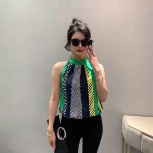 Ammin mùa hè 2024 cổ tròn không tay cổ mới áo cánh vải voan phong cách Hàn Quốc cổ cổ điển Polka sọc chấm in áo blouse thanh lịch thường ngày