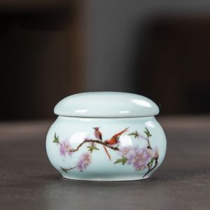 SDFSF Small Glaze Ceramic Jars Mini Portable Pills Cans Light Weight Moisture-proof Nail Cup with Lid Women