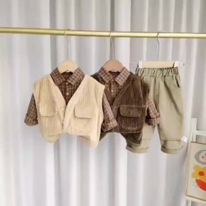 [ไซซ์ 80-120 ซม.] เสื้อเชิ้ตแขนยาว ลายสก๊อต และเสื้อแจ็กเก็ต กางเกงขายาว สองชิ้น สไตล์เกาหลี สําหรับเด็กผู้ชาย และเด็กผู้หญิง 2022♢X1105
