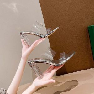 [Free Shipping] High-Heeled Sandals For Women New Summer Fashion Transparent Mid-Heel Crystal Shoes Stylish Chunky Heel Slip-On Sandals