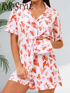 Hiloc Knitted Pajamas For Women 2 Piece Sets Print Short Sleeve Sleepwear Female Home Suits With Shorts Summer Casual Nightwear