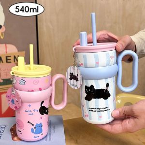 MECOME 316สแตนเลสสตีล ถ้วยสุญญากาศสุญญากาศ 600มล. พร้อมที่จับ ขวดเก็บความร้อน ฤดูหนาวในฤดูหนาว หลอดฝาปิด แก้วน้ำสำหรับเด็ก สำหรับนักเรียน