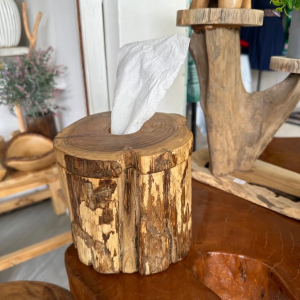 กล่องทิชชูไม้สัก ท่อนไม้ขุด รูปทรงธรรมชาติ (14x16cm) ฝาหมุนล็อค มีแบบผิวเรียบ/ติดเปลือก แต่งร้าน/แต่งบ้าน