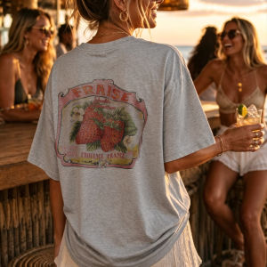 [Local Stock] HBESTY  Vintage Strawberry Label Crew Neck Short Sleeve T Shirt Provence France Framed Design Gray Oversized Casual