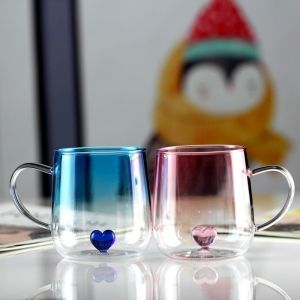 ANANAA Trái tim tình yêu 3D Ly thủy tinh gradient Trong suốt Công suất lớn Cặp đôi cốc 400mL Cốc cà phê thủy tinh Phụ kiện gia đình