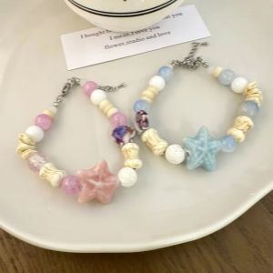 2Pcs Ceramic Beaded Starfish Bracelets Women Korean Fresh Pink Blue Star Beaded Bracelet Jewelry Friends Bestie Gifts Y2k Accessories