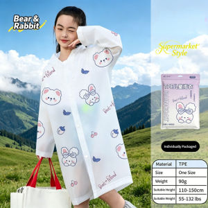 Kids Raincoat Cartoon Print Reusable TPE Waterproof Hooded Long Thick Rain Coat For Boys Girls