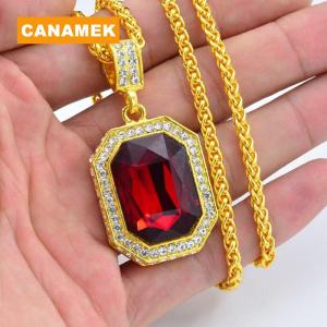 【CANAMEK】 Inlaid Diamond Square Ruby Necklace Hip Hop Mens Pendant Red Stone Pendant Vintage Jewelry Costume Accessories